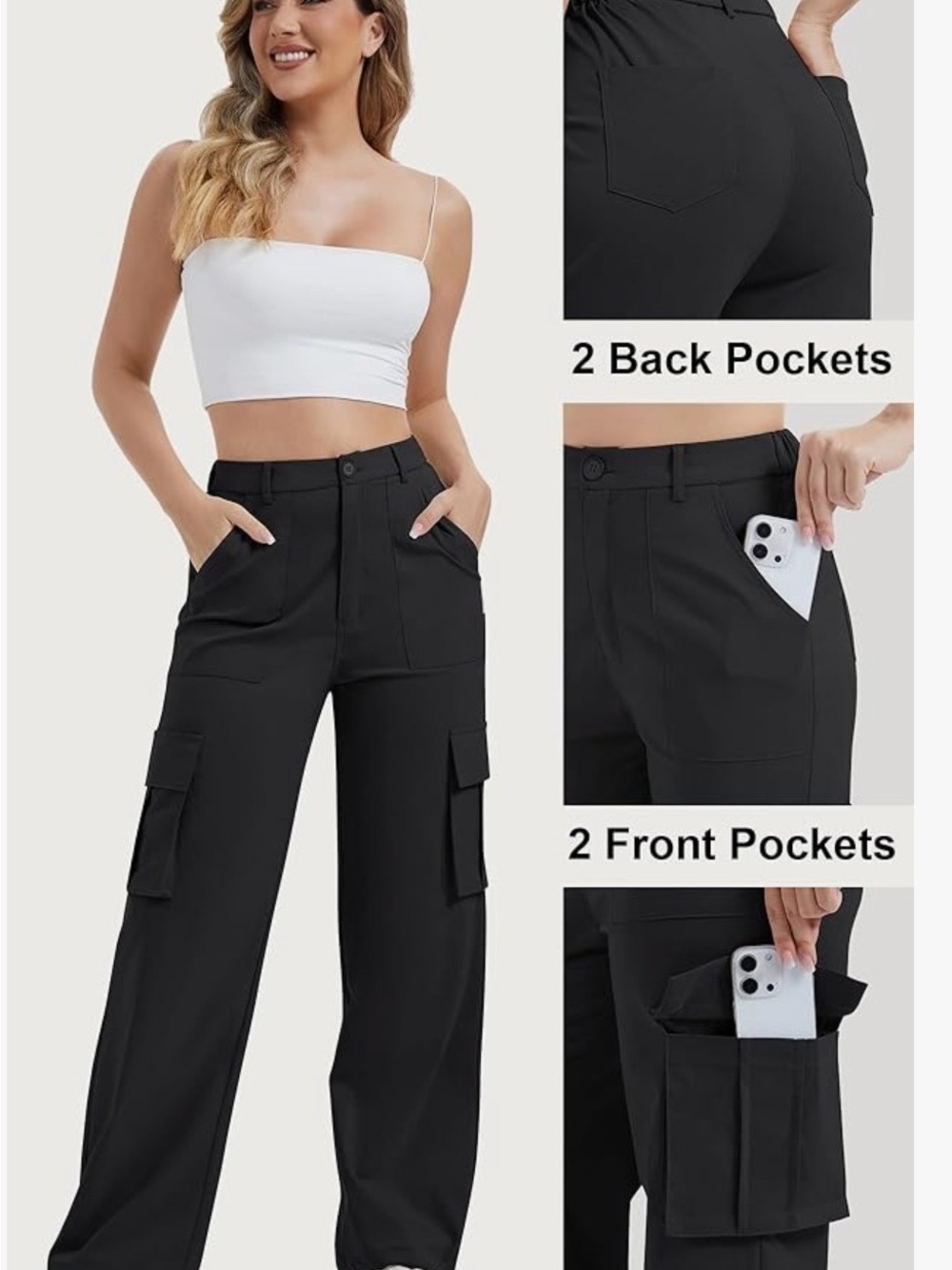 Women's AVAMO stretchy Black Cargo Wide-Leg Pants